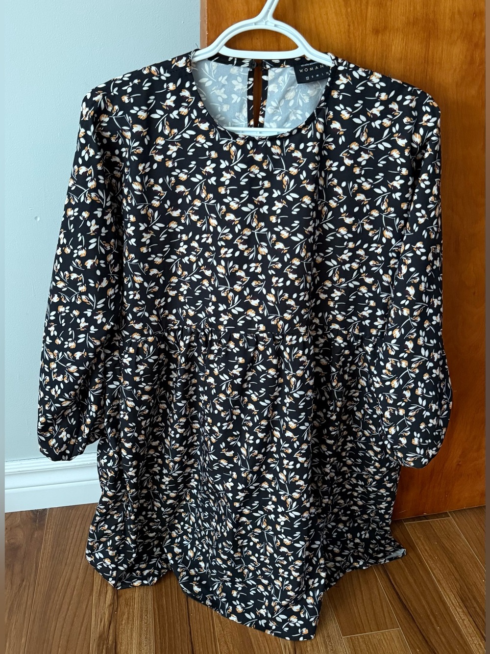 Womance Floral Smock Tunic Top Black Neutral Long Sleeve